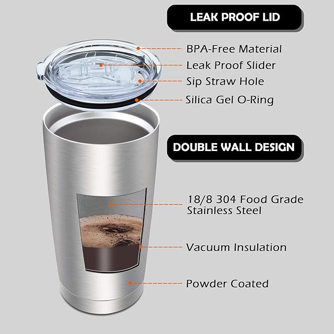 AIANJI 20oz Tumbler Bulk Stainless Steel Tumblers with Lid Vacuum Insulated Double Wall Travel Coffee Mug Powder Coated Tumbler Cup for Hot and Cold Drinks(Stainless Steel, 1 pack) - Image 3