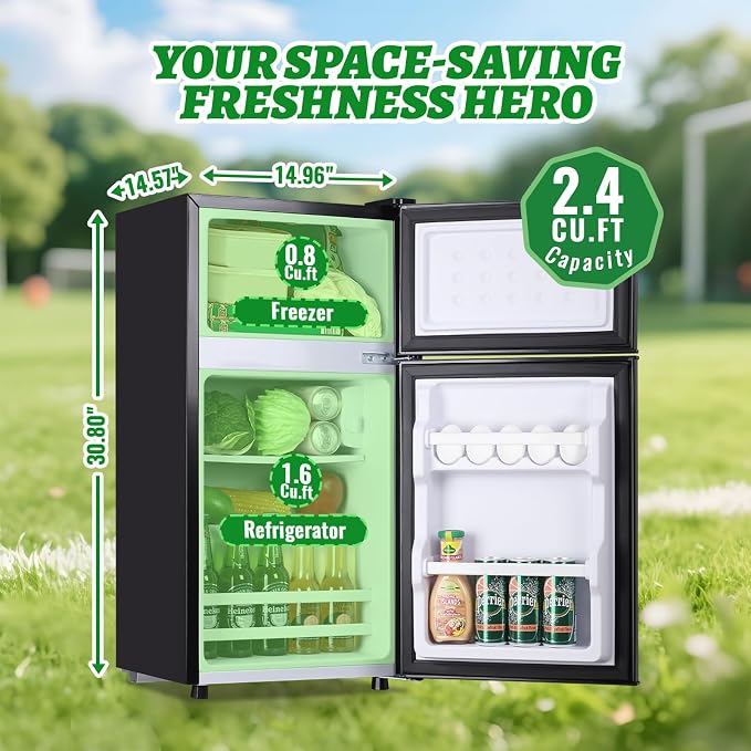 2.4 Cu.ft Mini Fridge with Top Freezer Apartment Size Dual Door Compact Refrigerator for Personal Use Small Fridge with Egg tray, 7 Temperature Control For Dorm, Black - Image 3