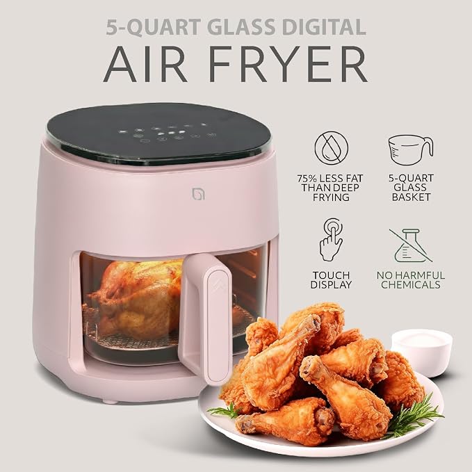 WILLOW Eco Series 6 in 1 Air Fryer with Glass Basket, 5 Quart Non Toxic Air Fryer w Digital Display, 430°F Max Temp, Preheat & Keep Warm Function, Compact + Dishwasher Safe Glass Pink Airfryer - Image 2