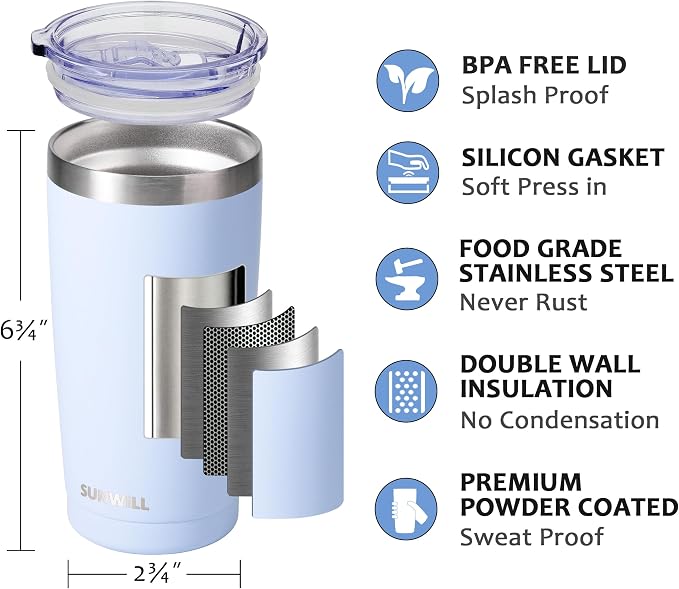 SUNWILL Travel Coffee Tumbler 20 oz, Insulated Mug with Lid, Stainless Steel Cup for Hot and Cold Drinks, Powder Coated Iceberg - Image 2