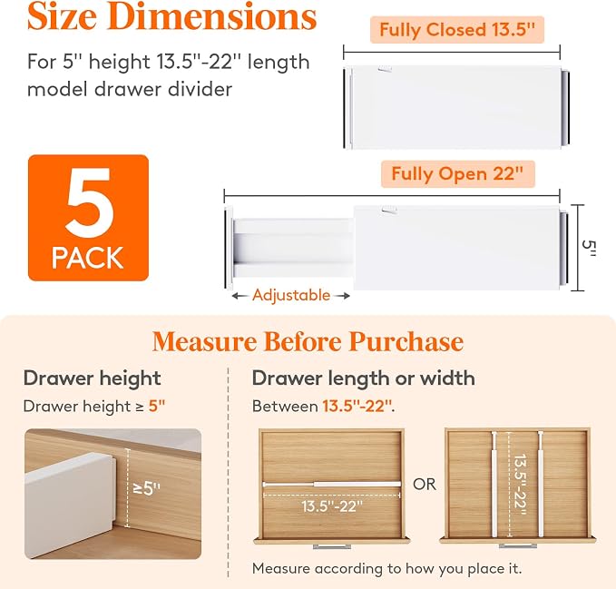 Lifewit 5 Pack 5" High Drawer Dividers 34-56cm/13.5-22" Adjustable Drawer - Image 2