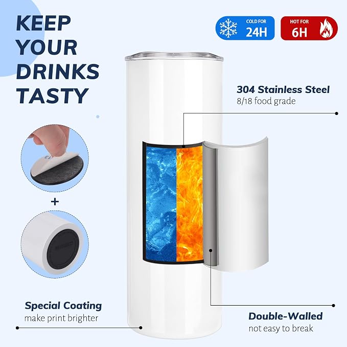 D·S 4 Pack Sublimation Tumblers 20 oz Bulk Skinny Straight Flat Bottom Blank Tumbler Cups with Individual Gift Boxed for Heat Transfer DIY Craft - Image 3