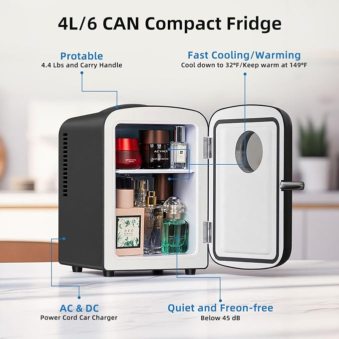 Antarctic Star Compact Mini Fridge, 4L Capacity/6 Cans Portable Cooler and Warmer Compact Refrigerator, for Bedroom,Car,Office and Dorm, Small Cooler and Warmer for Cosmetics, Beverage and Food, Black - Image 4