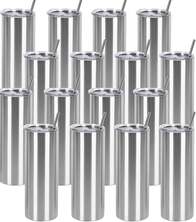 16 Pack 20 Oz Straight Skinny Tumblers,Individually Gift Boxed Stainless Steel Slim Skinny Tumbler Set Bulk, 20 Oz Insulated Slim Thin Travel Tumbler Cup for Diy, Silver by Wzaytia