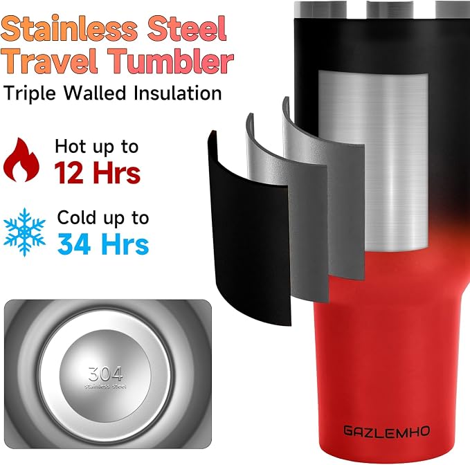 40oz Tumbler with Handle and Straw Spout 2-in-1 Lid, Spill Leak Proof Insulated Travel Cup Traveler Water Mug Keep Cold Hot, Dishwasher Safe Stainless Steel Bottle Gifts for Women Men, Black Red - Image 3