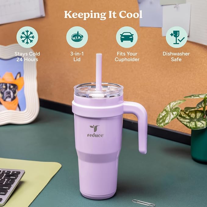 REDUCE 24 oz Stainless Steel Tumbler with Handle - Dual-Wall Vacuum Insulated Travel Mug, Sweat-Proof Lid & Reusable Straw - Keeps Drinks Cold for 24 Hrs, Fits Cupholders, Dishwasher Safe - Sangria - Image 3
