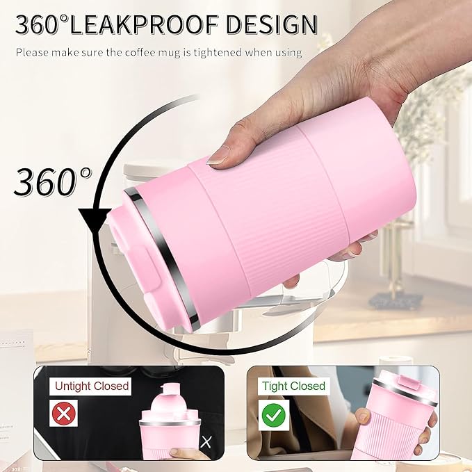 YINBAOGE Insulated Travel Coffee Mug, Spill & Leak Proof, Portable To Go Camping Stainless Steel Coffee Tumbler, Reusable Thermal Coffee Cup with Lid for Hot & Cold Drinks (Pink, 17 OZ) - Image 4