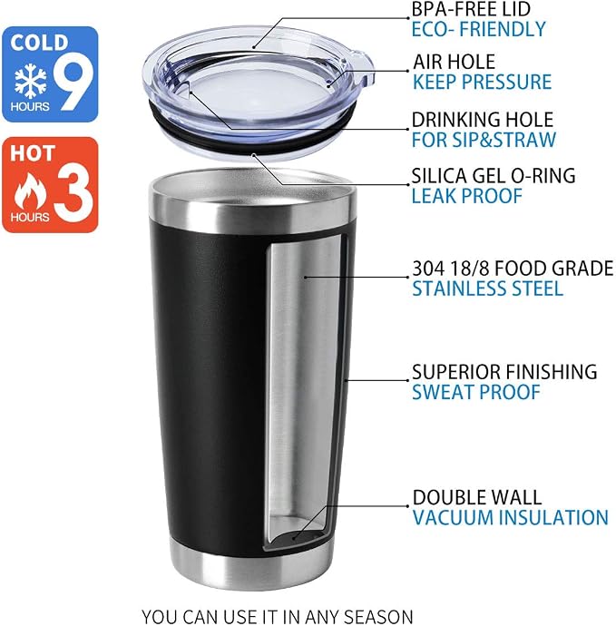 HASLE OUTFITTERS 20oz Tumblers Bulk Stainless Steel Cup with Lid Double Wall Vacuum Insulated Coffee Mug for Cold & Hot Drinks 8 Pack, Black - Image 4