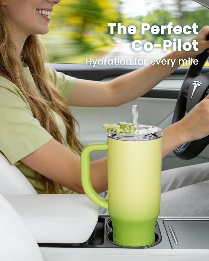 Renoj Insulated Mug 100% Leak Proof Insulated Water Bottle for Iced Coffee & Hot Drinks - Fits Car Cup Holder, Ideal Gift, 2 Straws & Silicone Boot - SnapShift Green Gradient 32 oz - Image 2