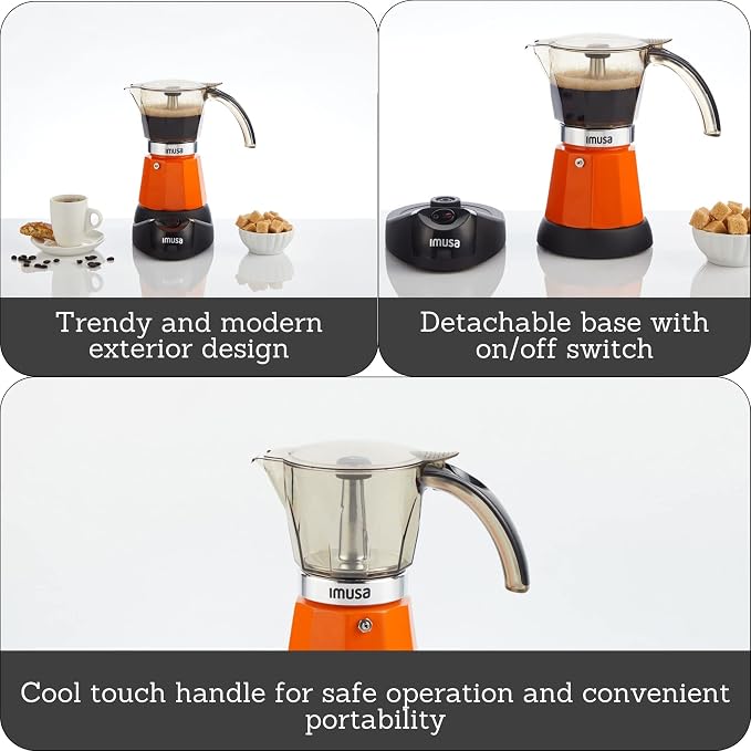 IMUSA 6 or 3 Cup Electric Espresso Maker with Cool-Touch Handle, Orange - Image 2