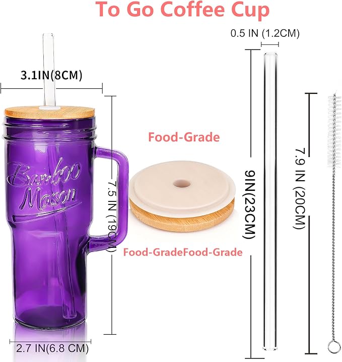 ANOTION Glass Cups with Handle, 24oz Glass Cups with Lids and Straws Travel Coffee Mug Bamboo Mason Jar Iced Cup Smoothie Tea Clear Cute Water Drinking Jars Glasses, Purple - Image 2