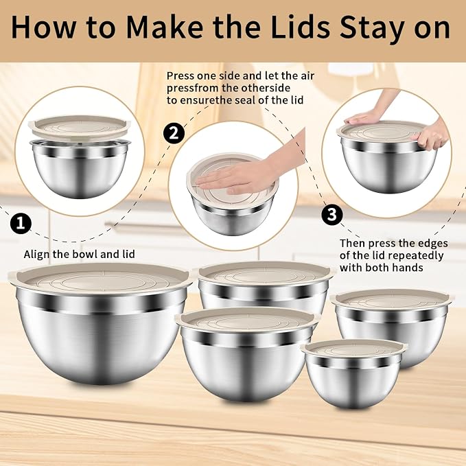 Mixing Bowls with Airtight Lids Set, Large Prep Metal Mixing Bowls - Image 3