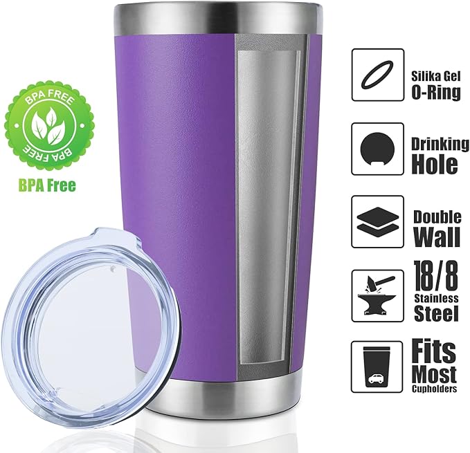 DOMICARE 20oz Stainless Steel Tumbler Bulk with Lid, Double Wall Vacuum Insulated Travel Mug, Powder Coated Coffee Cup, Powder Purple, 1 Pack - Image 2
