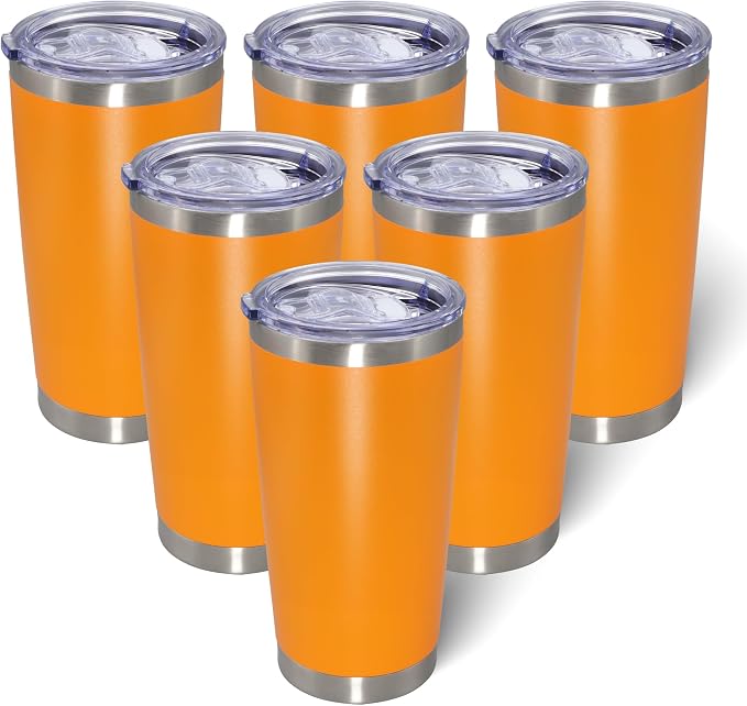 AIANJI 20oz Tumbler Bulk Stainless Steel Tumblers with Lid Vacuum Insulated Double Wall Travel Coffee Mug Powder Coated Tumbler Cup for Hot and Cold Drinks(Orange, 6 pack) by AIANJI