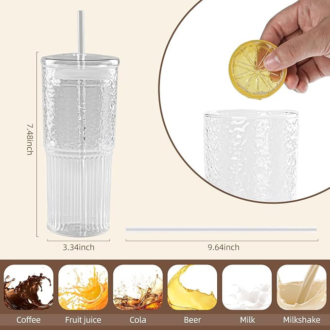 20oz Glass Cups With Glass Lids and Straws, High Borosilicate Iced Coffee Cups, Reusable Glass Tumblers for Coffee, Tea, Juice, Smoothies, Hot/Cold Drinks at Home, Office - 4 Packs - Image 3