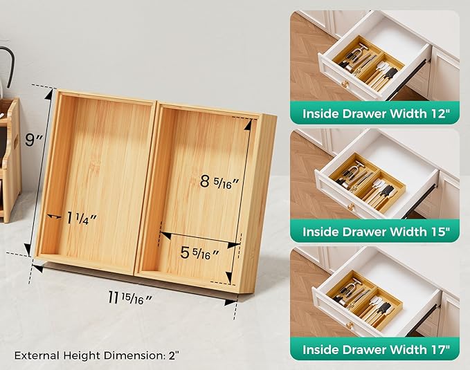 Bamboo Kitchen Drawer Organizer Boxes – 9" x 6" Stackable Wood Silverware - Image 2