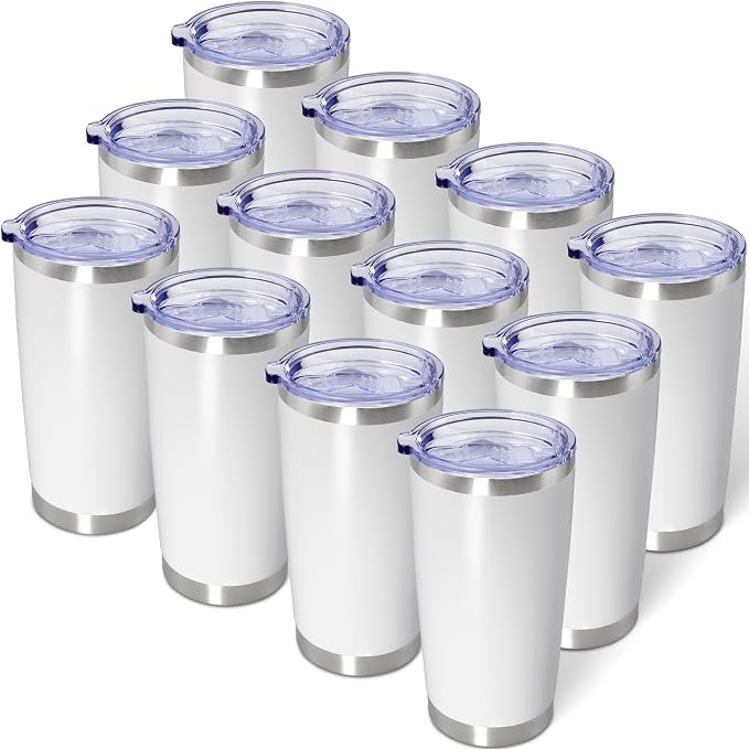 AIANJI 20oz Tumbler Bulk Stainless Steel Tumblers with Lid Vacuum Insulated Double Wall Travel Coffee Mug Powder Coated Tumbler Cup for Hot and Cold Drinks(White, 12 pack) by AIANJI