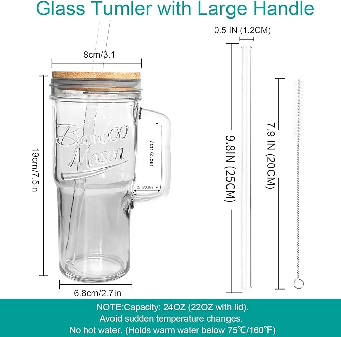 ANOTION Glass Cups with Lids and Straws - 24 oz Tumbler with Handle Christmas Coffee Cups Glass Straws Mason Jar Cups Drinking Set Kitchen Essentials Coffee Bar House Warming Gifts New Home - Image 6