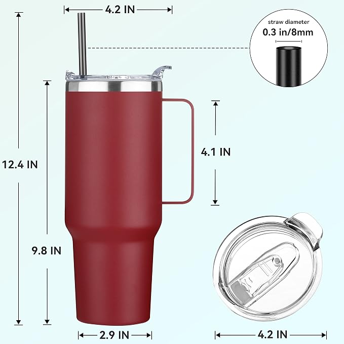 HASLE OUTFITTERS 40 oz Stainless Steel Tumbler with Handle, Vacuum Insulated Tumblers Bulk, Reusable Double Wall Travel Coffee Mug, Durable Powder Coated Water Bottles(Wine Red, 8) - Image 3