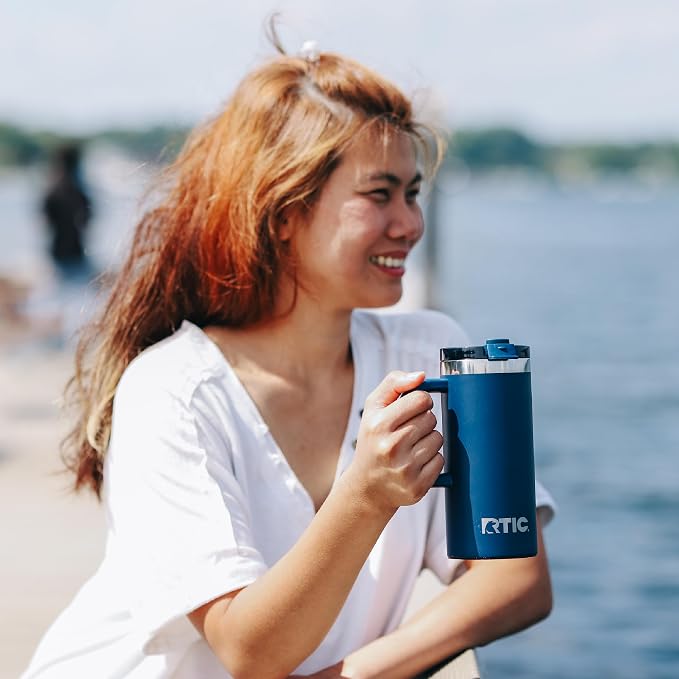 RTIC 16oz Road Trip Travel Mug with Lid and Handle, Ceramic Lined, Insulated, Stainless Steel, Metal, Double Wall Vacuum-Insulation, Portable Coffee, Tea Cup for Hot and Cold Drink, Beach - Image 5