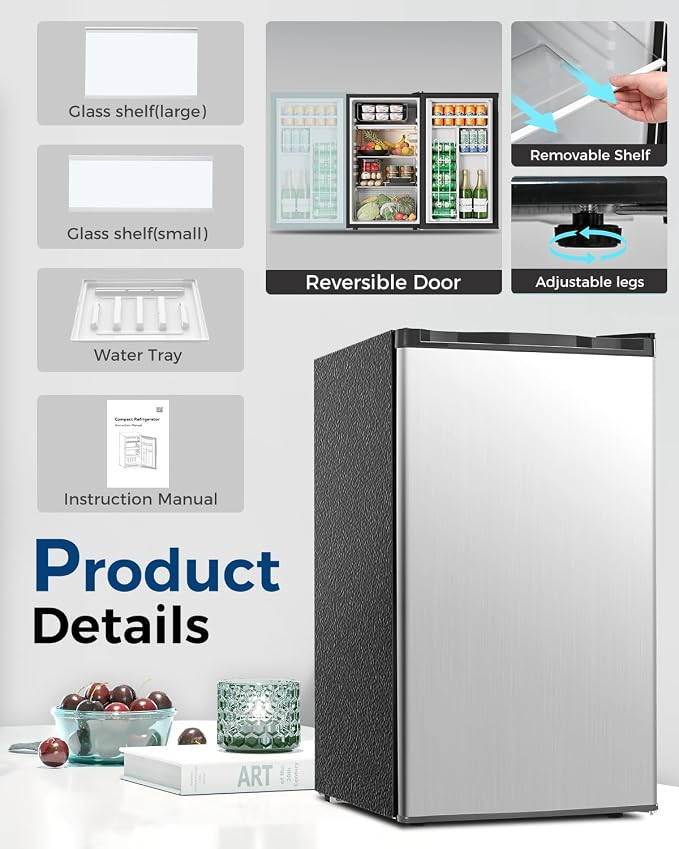 Feelfunn Mini Fridge with Freezer - 3.2 Cu.Ft Single Door Mini Refrigerator with Adjustable Thermostat, Energy Saving, Low Noise, Small Fridge for Bedroom, Office, Dorm, Apartment, Classroom - Silver - Image 5