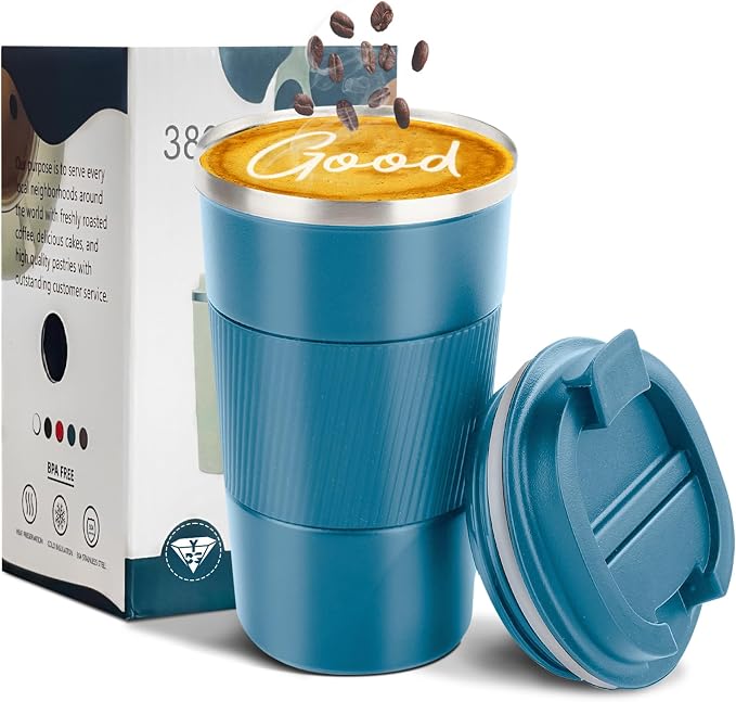 YINBAOGE Insulated Travel Coffee Mug, Spill & Leak Proof, Portable To Go Camping Stainless Steel Coffee Tumbler, Reusable Thermal Coffee Cup with Lid for Hot & Cold Drinks (Blue, 17 OZ) by YINBAOGE