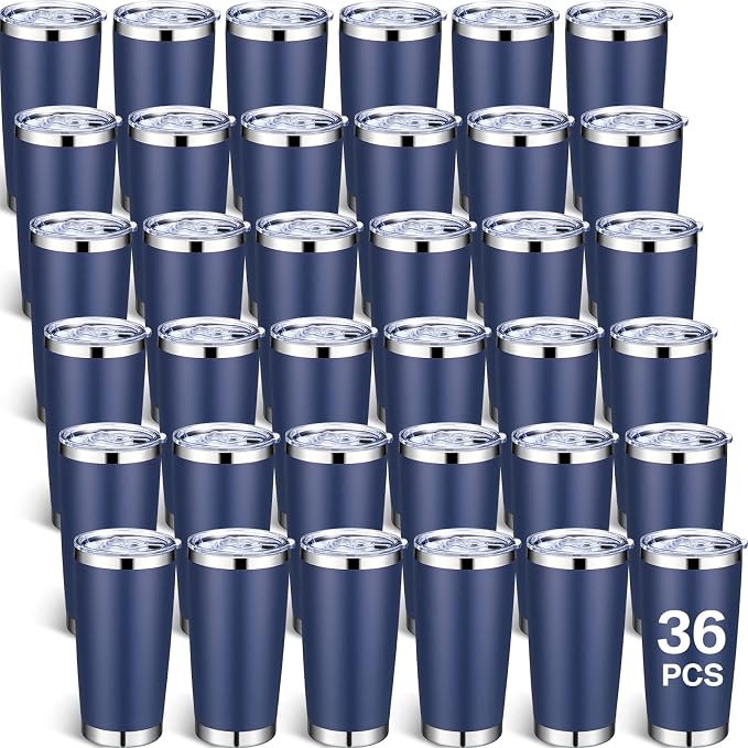 Sieral 36 Pack Stainless Steel Tumblers Bulk with Lids Double Wall Vacuum Insulated Coffee Cups Blank leakproof Powder Coated Tumblers for Engraving Wedding Graduation Party Favors(20 oz,Navy) by Sieral