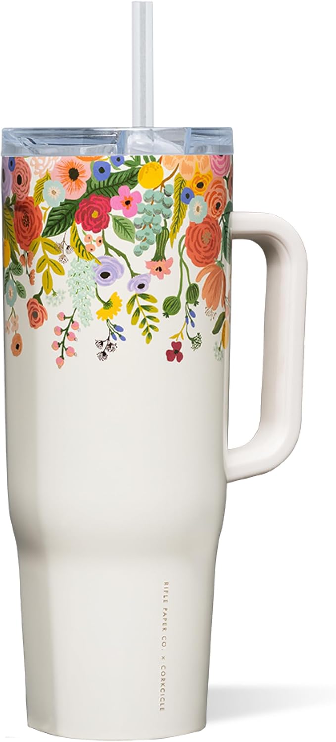 Corkcicle x Rifle Paper Co. Cruiser Insulated Tumbler with Handle & Straw - Keeps Drinks Cold 20 Hours - BPA-Free - Gift for Mom - Great for Mother's Day or Christmas - 40 oz - Garden Party Cream by Corkcicle