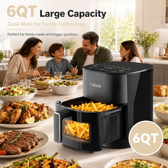 Fullwill 6Qt Air Fryer with Window, Dual Heating, 14-in-1/12 Presets (Wings, Steak, Fries, Pizza), 392°F, 1700W, Nonstick & Dishwasher-Safe Basket, PFOA-Free, Oil-Free Fast Cooking - Image 4