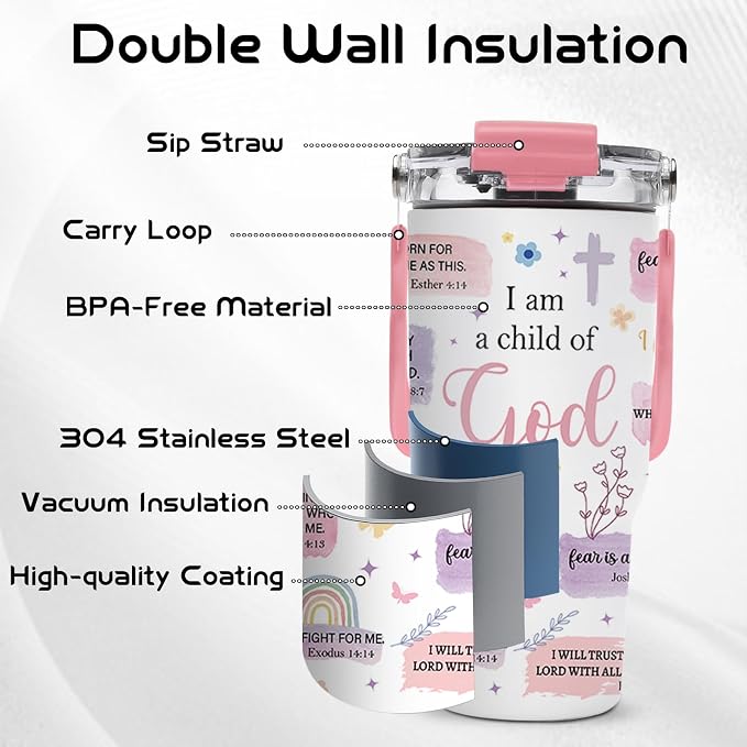 Christian Gifts for Women - 20oz I'm A Child of God Tumblers - God Tumbler with Straw & Top Handle, Leak-proof, BPA-free, Double Wall Insulated Stainless Steel Coffee Tumbler Gifts Cup for Christian - Image 5