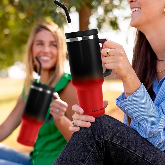 40oz Tumbler with Handle and Straw Spout 2-in-1 Lid, Spill Leak Proof Insulated Travel Cup Traveler Water Mug Keep Cold Hot, Dishwasher Safe Stainless Steel Bottle Gifts for Women Men, Black Red - Image 2