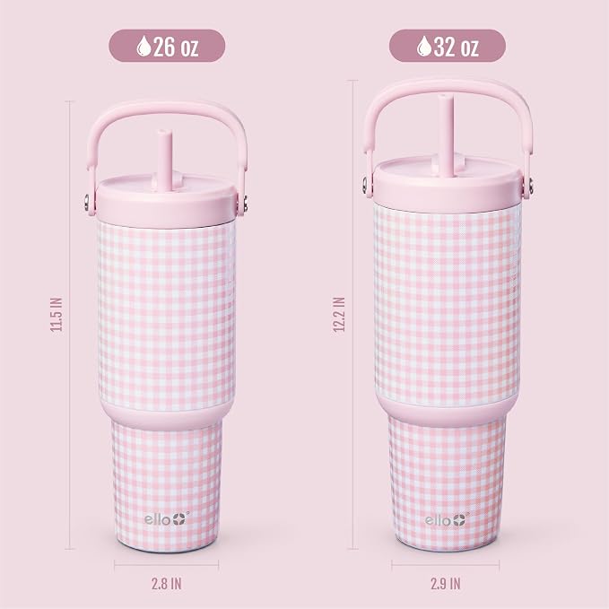 Ello Oasis Go+ 26oz Tumbler with Top Handle and Retracting Straw | Reusable Insulated Stainless Steel Cup, 100% Leakproof Water Bottle, 24 Hours Cold, Cup Holder Friendly For Travel | Pink Gingham - Image 7