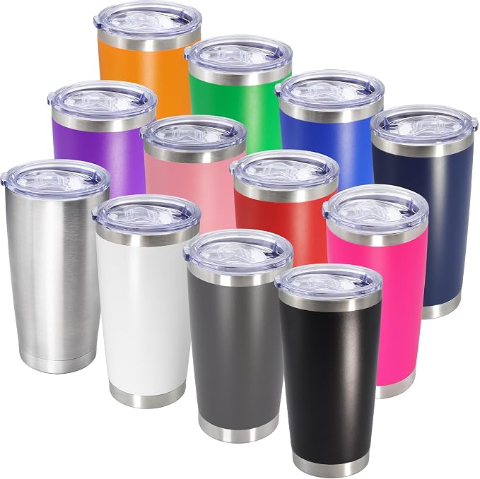 AIANJI 20oz Tumbler Bulk Stainless Steel Tumblers with Lid Vacuum Insulated Double Wall Travel Coffee Mug Powder Coated Tumbler Cup for Hot and Cold Drinks(Mix Color, 12 pack) by AIANJI