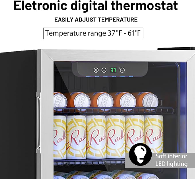 126 Can Mini Fridge, 3.2 Cu.Ft Beverage Refrigerator Glass Door | Stainless Steel Compact Drink Cooler with Reversible Door for Soda Wine Beer, Small Fridge for Home Office Bar (40-61 ℉) - Image 4