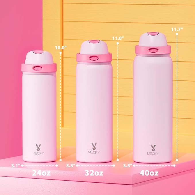 32 oz Insulated Water Bottle for Sports: Meoky Stainless Steel Water Bottle with 2-in-1 Straw and Spout Lid - Leak Proof, Cold for 24 Hours, Protective Silicone Base, BPA-Free for Women Gym, Blush - Image 3