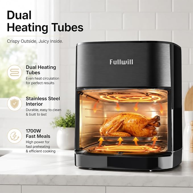 Fullwill 6Qt Air Fryer with Window, Dual Heating, 14-in-1/12 Presets (Wings, Steak, Fries, Pizza), 392°F, 1700W, Nonstick & Dishwasher-Safe Basket, PFOA-Free, Oil-Free Fast Cooking - Image 2