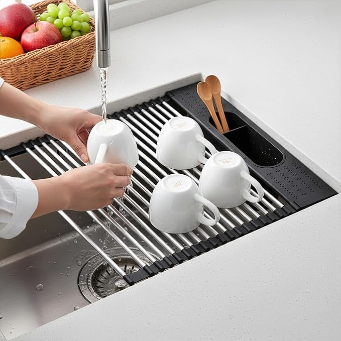 Roll Up Dish Drying Rack Over Sink, 17.5" x 15.2" Foldable SUS304 Stainless - Image 5
