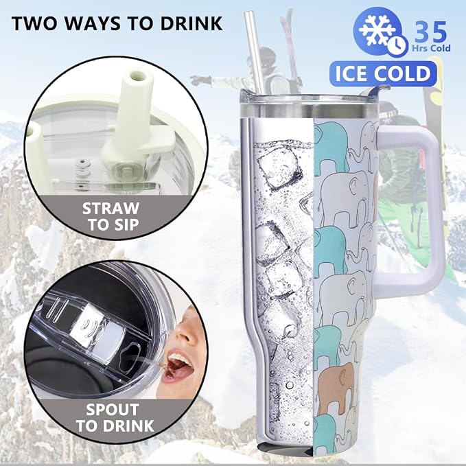 SYACOT 40 oz Tumbler with Handle and Straw Stainless Steel Insulated Tumbler Leak Proof Lid and Straw Lid Reusable Travel Mug Coffee Mug Cup Dishwasher Safe Keep Drinks Cold and Hot (LittleElephant) - Image 3