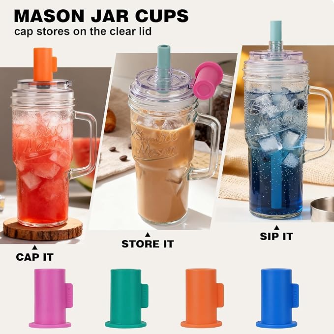 ANOTION Bamboo Mason Leakproof Mason Jar Cups with Lids and Straws, Cap Cup 24oz Glass Tumbler with Handle, Rotating Lid Silicone Straw, Reusable Iced Coffee Matcha Cup Coffee Gifts for Women 2pc - Image 6