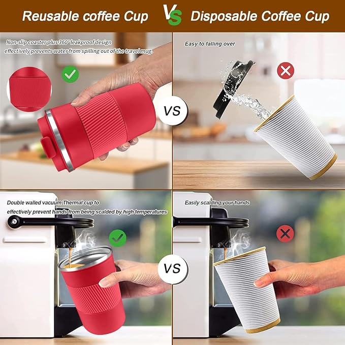 YINBAOGE Insulated Travel Coffee Mug, Spill & Leak Proof, Portable To Go Camping Stainless Steel Coffee Tumbler, Reusable Thermal Coffee Cup with Lid for Hot & Cold Drinks (Red, 12 OZ) - Image 4