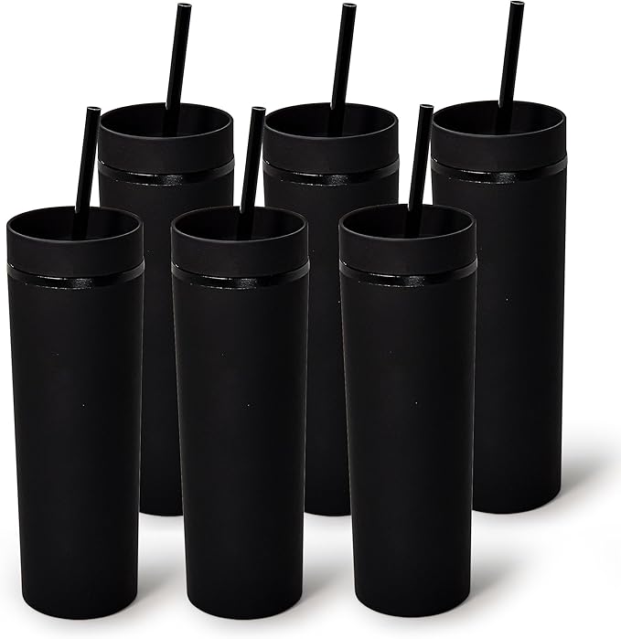 sweet grain Skinny Tumblers with Lids and Straws(6 Pack) - 16oz Matte Pastel Colored Skinny Acrylic Tumblers, Double Wall Plastic Tall Skinny Tumblers Bulk for Cold Hot Drinks - Black by sweetgrain