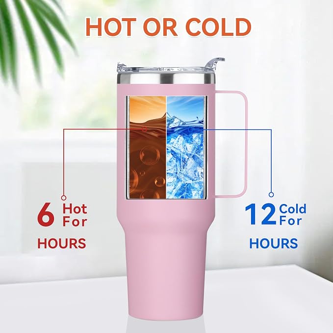 HASLE OUTFITTERS 40 oz Stainless Steel Tumbler with Handle, Vacuum Insulated Tumblers Bulk, Reusable Double Wall Travel Coffee Mug, Durable Powder Coated Water Bottle(Pink, 1) - Image 2