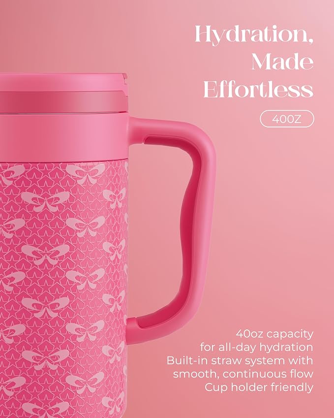 40 oz Insulated Tumbler with Handle and Push-Button Straw Lid, Stainless Steel Travel Cup for Gym Office, Leakproof, BPA-Free, Cup Holder Friendly, Bow Silicone Boot, Pink (Coquette Fuchsia) - Image 5