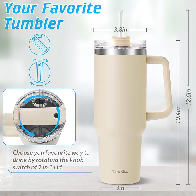 TaroKitc 40 oz Tumbler with Handle | Stainless Steel Insulated Insulated Travel Mug Iced Coffee Cup with Lids and Straw | Keeps Drinks Cold for 34 Hours | Dishwasher Safe, BPA Free | MATCHA - Image 5