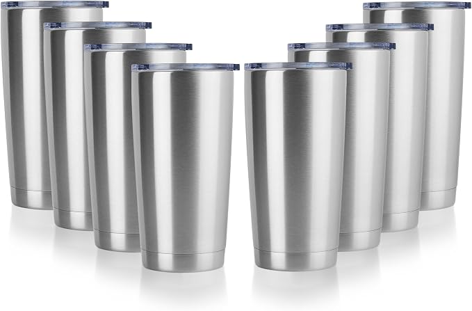 DOMICARE 20oz Stainless Steel Tumbler Bulk with Lid, Double Wall Vacuum Insulated Travel Mug, Powder Coated Coffee Cup, Stainless Steel, 8 Pack by VisittheDOMICARE