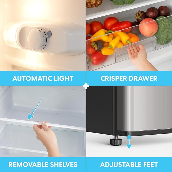 Simpli-Magic 4.0 Cu.Ft. Mini Fridge with Freezer – Compact Double Door Refrigerator for Dorm, Office, Bedroom – Adjustable Thermostat, Energy Efficient, Stainless Steel - Image 5