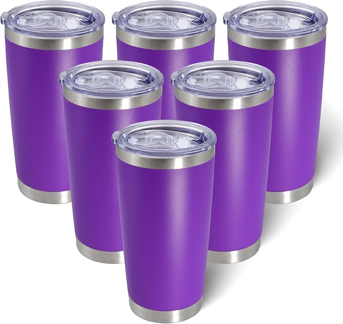 AIANJI 20oz Tumbler Bulk Stainless Steel Tumblers with Lid Vacuum Insulated Double Wall Travel Coffee Mug Powder Coated Tumbler Cup for Hot and Cold Drinks(Purple, 6 pack) by AIANJI