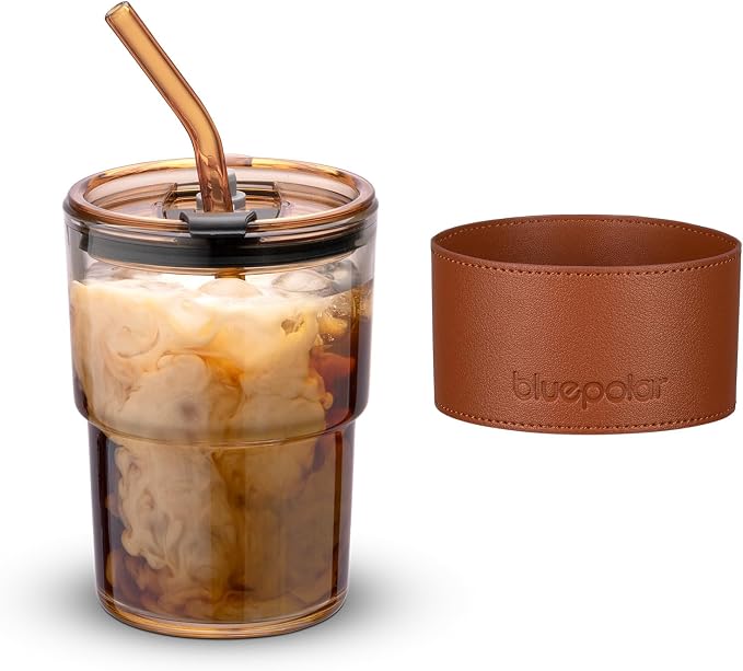 BLUEPOLAR 13oz/400ml Tumbler Water Glass, Cups with Straw and Lid Sealed Carry on for Coffee, Iced Tea, Thick Wall Insulated Glass Cup (Amberwith Protect Sleeve) by BLUEPOLAR