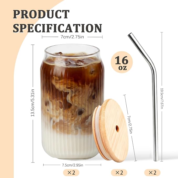 2 Packs Ribbed Glass Tumbler with Lid and Straw 16 oz Vintage Ice Coffee Cup Set Bulk Simple Smoothie Juice Matcha Tea Water Slushie Clear Hot Drink Glasses Travel Mug Modern Kitchen Glassware - Image 2