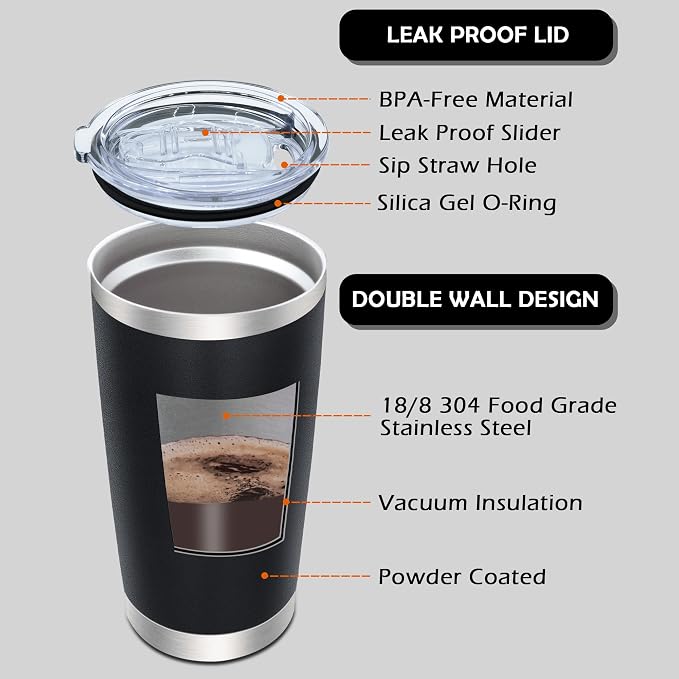 AIANJI 20oz Tumbler Bulk Stainless Steel Tumblers with Lid Vacuum Insulated Double Wall Travel Coffee Mug Powder Coated Tumbler Cup for Hot and Cold Drinks(Black, 1 pack) - Image 6
